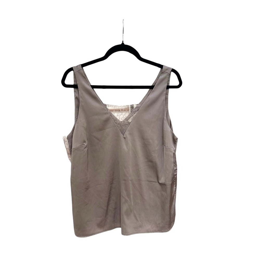 PLEIONE Women Gray Satin Lace Trim V Neck Sleeveless Tank Top Cami Plus Size XL